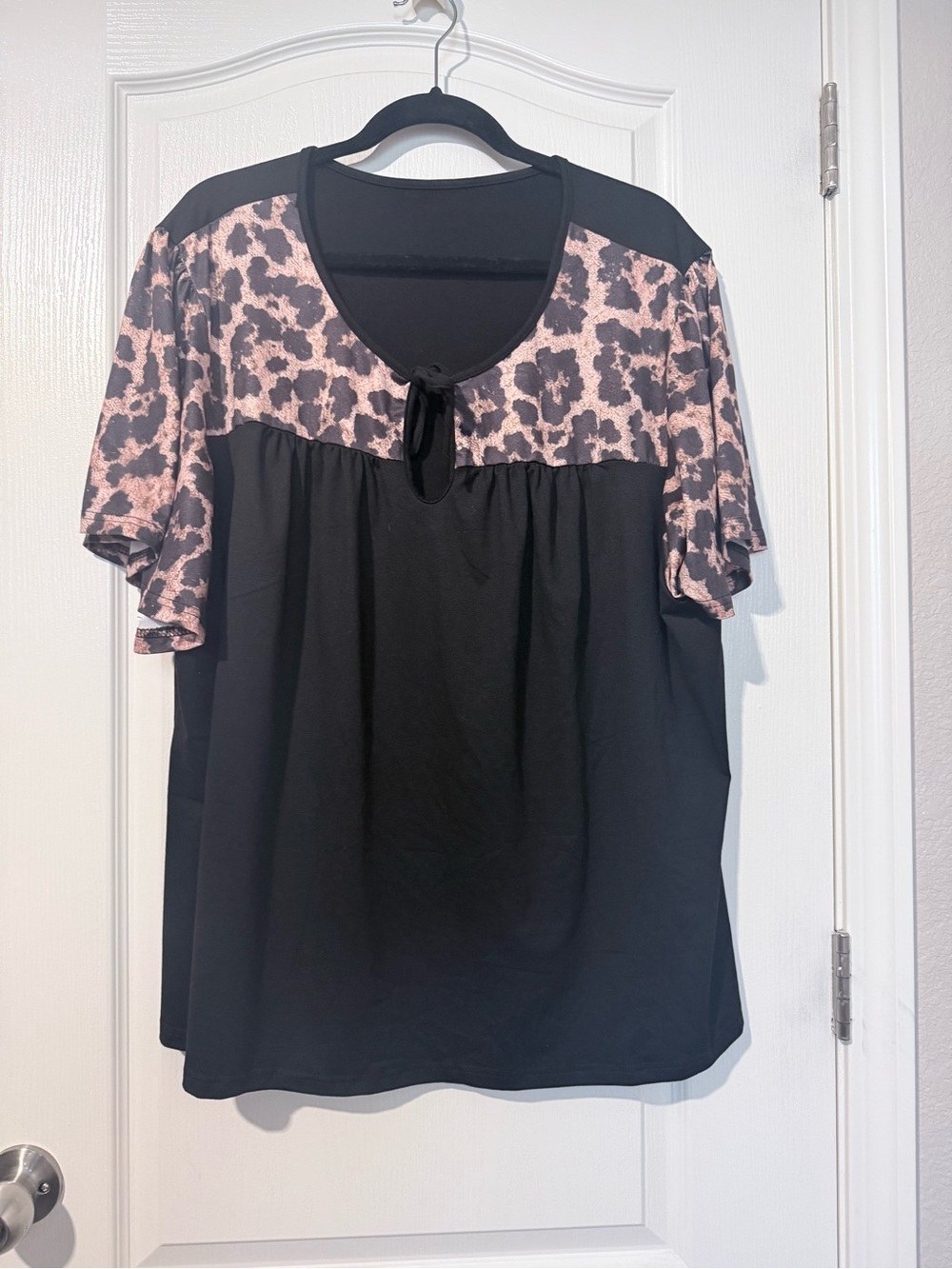 Black Short-Sleeve Top with Pink Leopard Yoke and Tie Accent